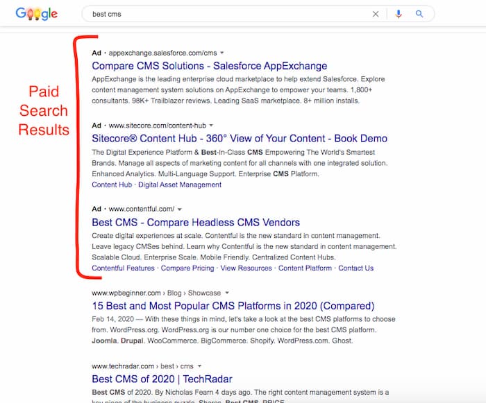 The paid search results on Google are Google Ads and cost more in the long run when comparing PPC and organic SEO