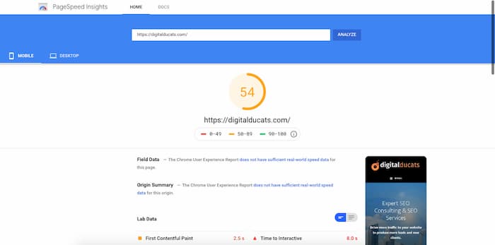 mobile page speed for digital ducats inc.