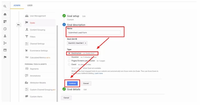 Setting up a conversion goal on Google analytics (reduces bounce rates)