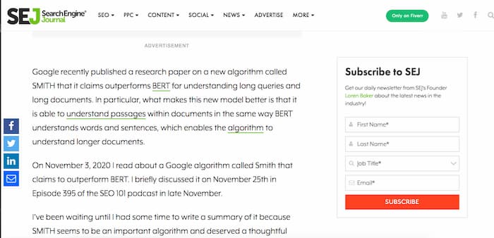 Example of an opt-in box from SEJ with a CTA to subscribe