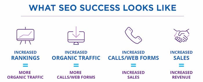 SEO success means increase in organic traffic, leads, sales and revenue