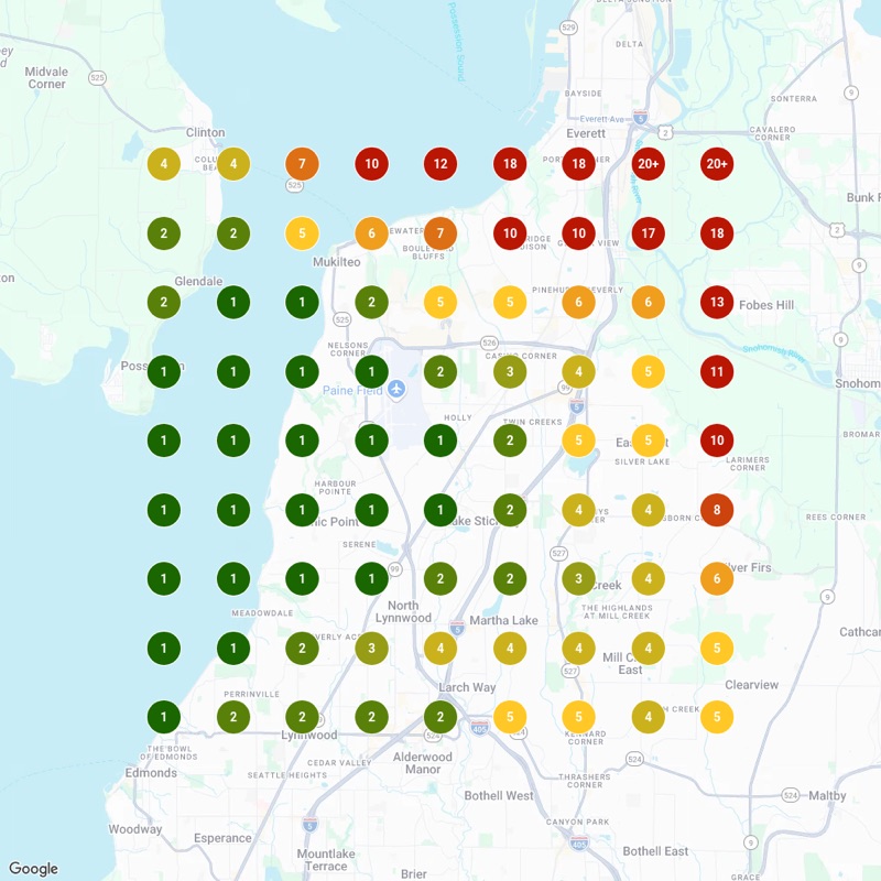 Local Falcon heatmap before: plumber Google Maps rankings for plumbing company across an 81-point grid near Everett, Washington, August 24 2026