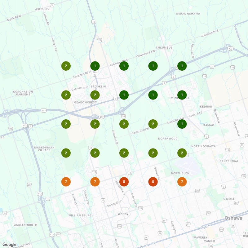 Local Falcon heatmap after: roofer ranking 1st or 2nd across most of the Whitby, Ontario grid for roof repair, July 28 2026