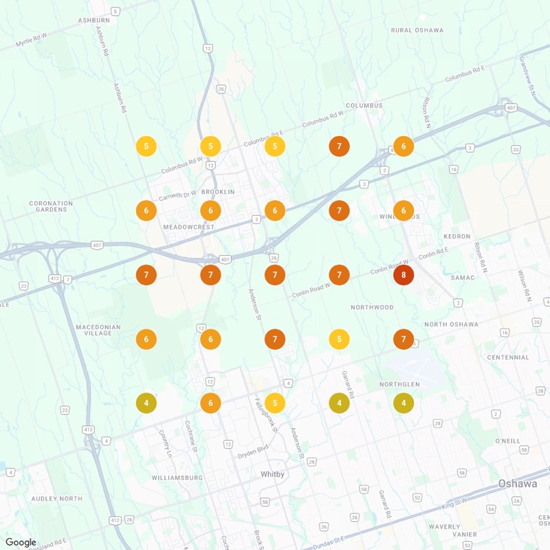 Local Falcon heatmap before: roofer ranking 4th to 8th across a 25-point Google Maps grid in Whitby, Ontario for roof repair, June 26 2026
