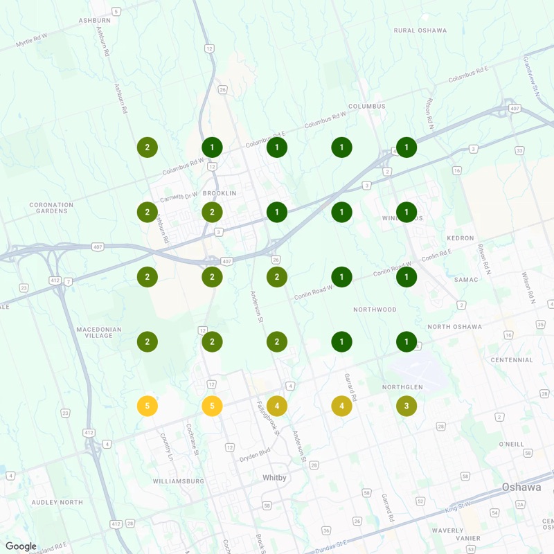 Local Falcon heatmap after: Google Maps rankings for roof replacement in Whitby, Ontario, July 28 2026