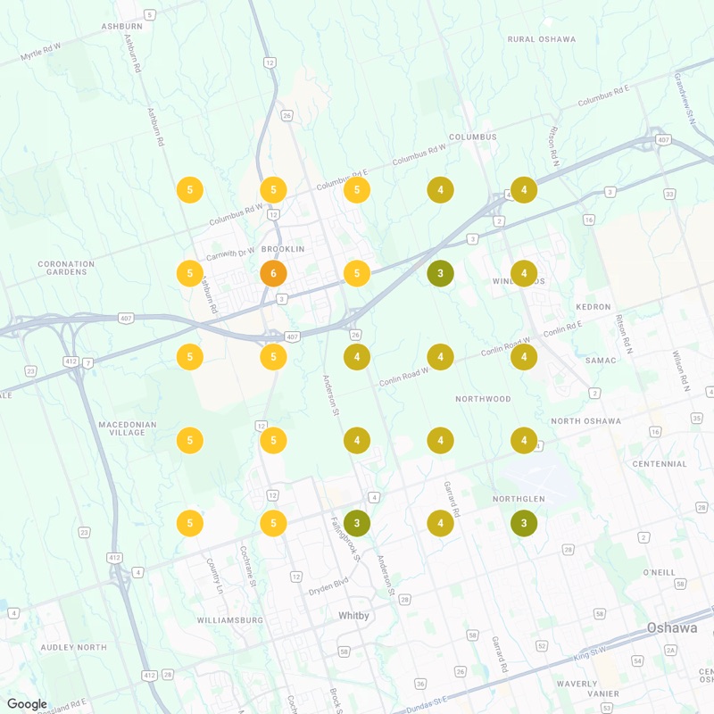 Local Falcon heatmap before: Google Maps rankings for roof replacement in Whitby, Ontario, June 26 2026